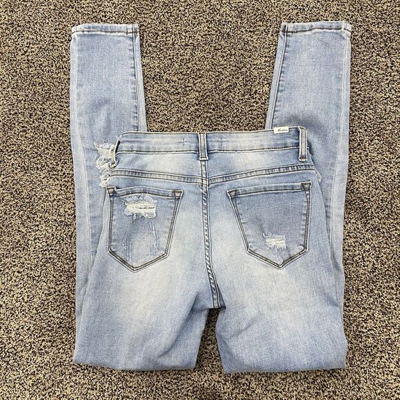 KANCAN 3/25 Low Rise Light Wash Distressed Thrashed Skinny Jeans 90s Y2K Biker - Picture 14 of 16